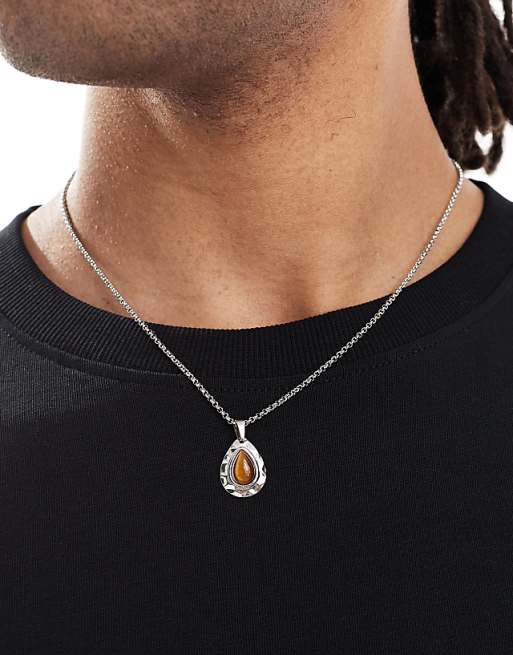 Lost Sous tear drop tiger eye pendant necklace in stainless steel