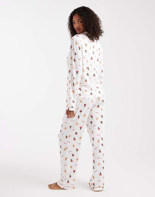 Loungeable Christmas Super Soft Jersey Revere Top And Wide Leg Pyjama Set In Cream Gingerbread Print