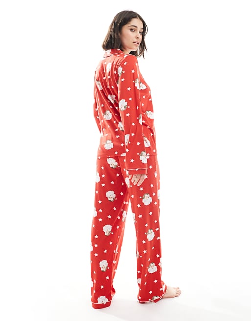 Loungeable Christmas Super Soft Jersey Revere Top And Wide Leg Pyjama Set In Red Santa Print