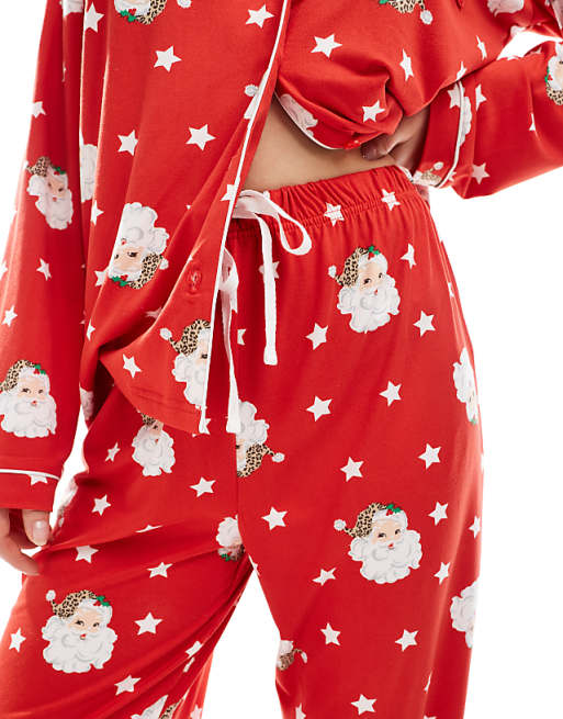 Loungeable Christmas Super Soft Jersey Revere Top And Wide Leg Pyjama Set In Red Santa Print