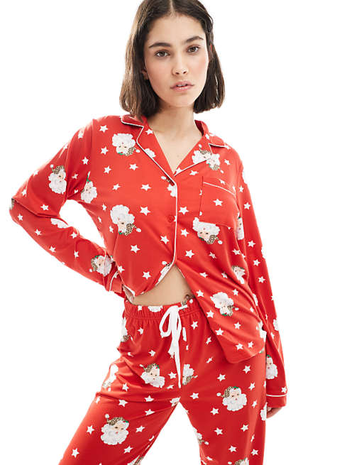 Loungeable Christmas Super Soft Jersey Revere Top And Wide Leg Pyjama Set In Red Santa Print
