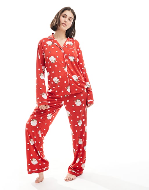 Loungeable Christmas super soft jersey revere top and wide leg pyjama set in red santa print