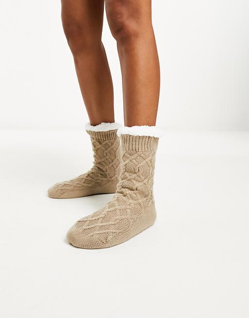 Loungeable Cosy Cable Knit Slipper Sock In Beige