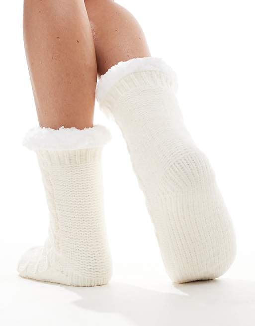 Loungeable Cosy Chenille Slipper Sock In Cream