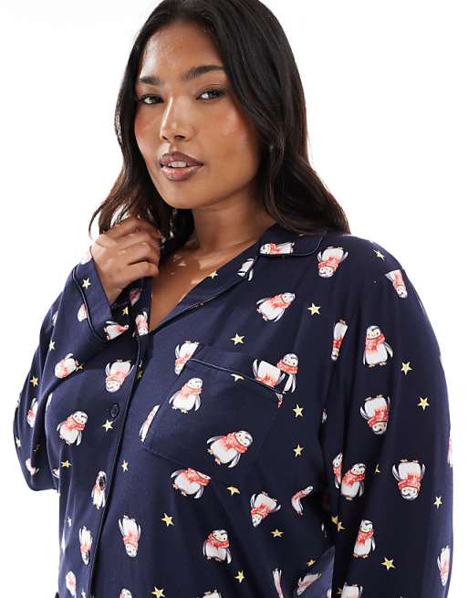 Loungeable Curve Christmas Supersoft Jersey Pyjama Set In Navy Penguin Print