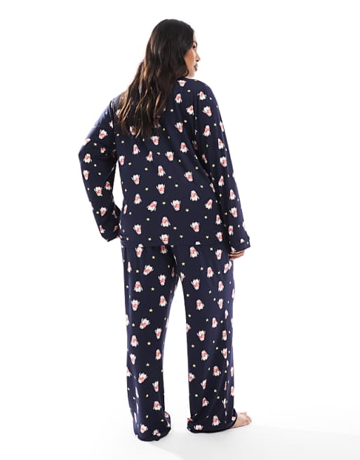 Loungeable Curve Christmas Supersoft Jersey Pyjama Set In Navy Penguin Print