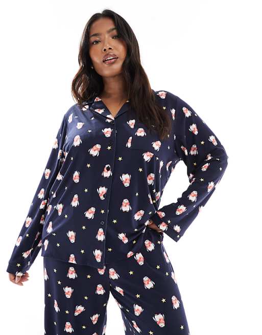 Loungeable Curve Christmas Supersoft Jersey Pyjama Set In Navy Penguin Print