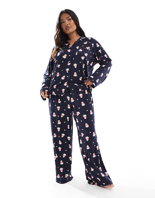 Loungeable Curve Christmas supersoft jersey pyjama set in navy penguin print