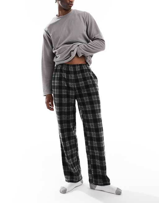 Loungeable fleece check trouser pyjama set in grey