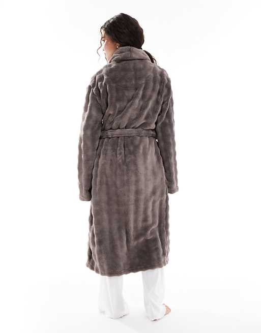 Loungeable Fleece Fleece Shawl Collar Midi Robe In Mocha