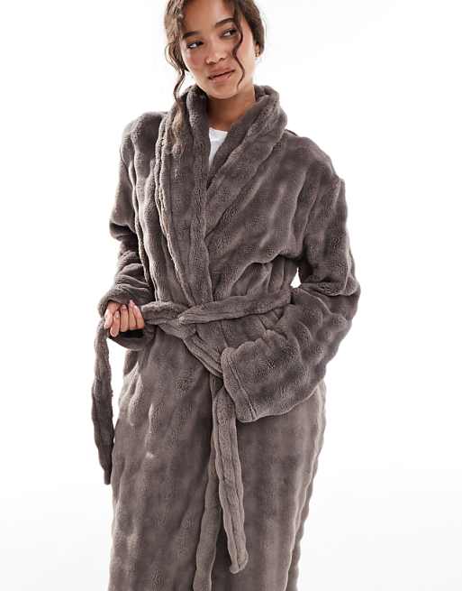 Loungeable Fleece Fleece Shawl Collar Midi Robe In Mocha