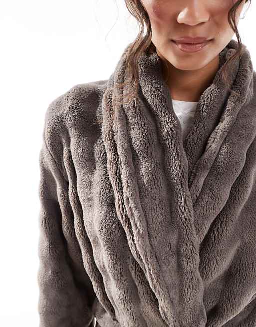 Loungeable Fleece Fleece Shawl Collar Midi Robe In Mocha