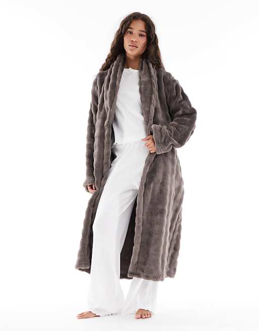 Loungeable Fleece fleece shawl collar midi robe in mocha