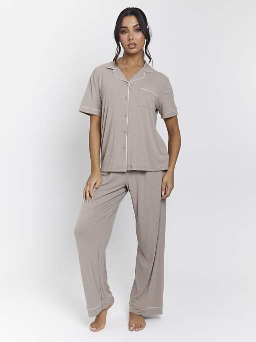 Loungeable Ladies ribbed pyjama set in oatmeal