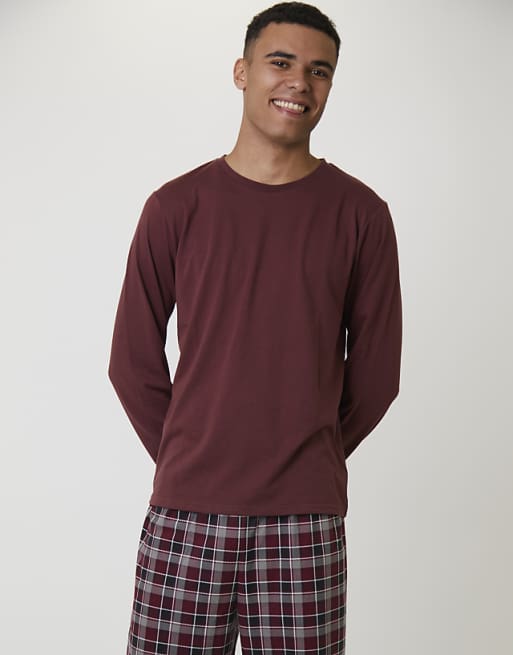 Loungeable Men's Pyjamas Jersey Top With Micro Fleece Check Trousers Set In Red