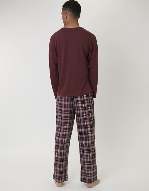 Loungeable Men's Pyjamas Jersey Top With Micro Fleece Check Trousers Set In Red