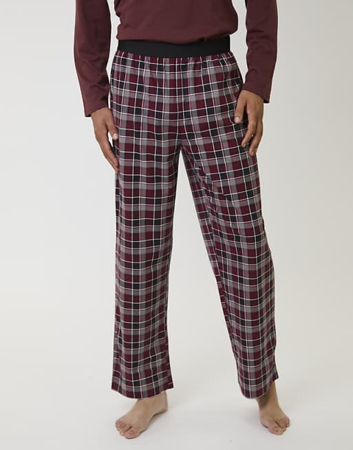 Loungeable Men's Pyjamas Jersey Top With Micro Fleece Check Trousers Set In Red