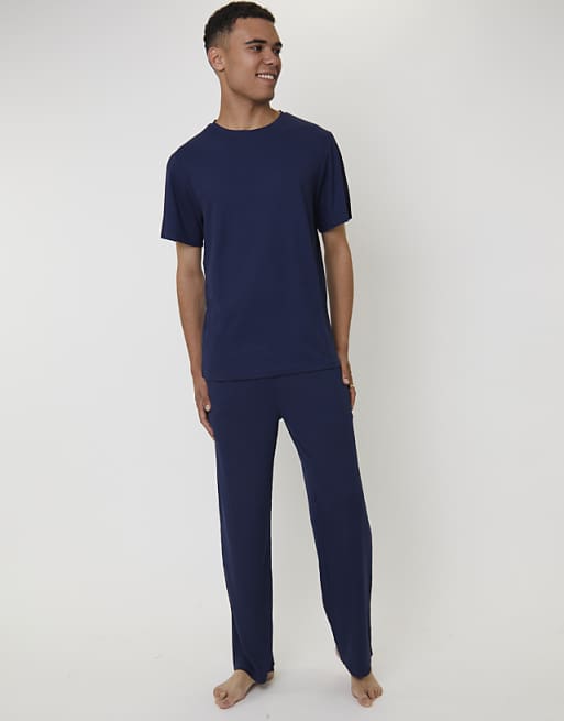 Loungeable Men's Pyjamas Short Sleeve And Trouser Waffle Pjyama Set In Navy