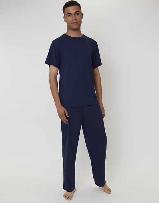 Loungeable Men's pyjamas short sleeve and trouser waffle pjyama set in navy