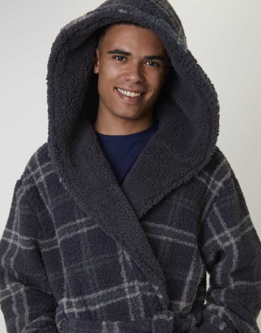 Loungeable Men's Robes Sherpa Check Hooded Robe In Grey