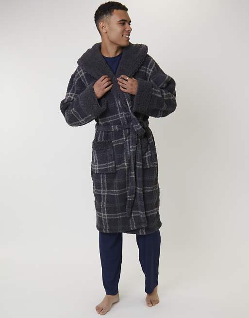 Loungeable Men's robes sherpa check hooded robe in grey
