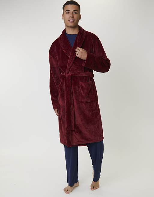 Loungeable Men's robes waffle cut fleece shawl collar robe in burgundy