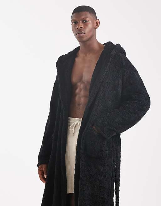 Loungeable Mens Sherpa Hooded Robe In Black