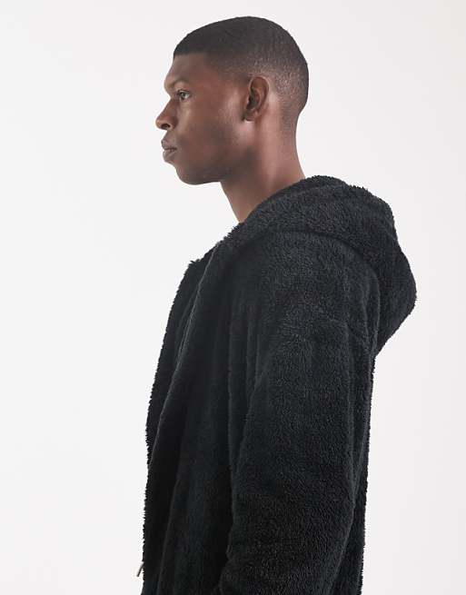 Loungeable Mens Sherpa Hooded Robe In Black