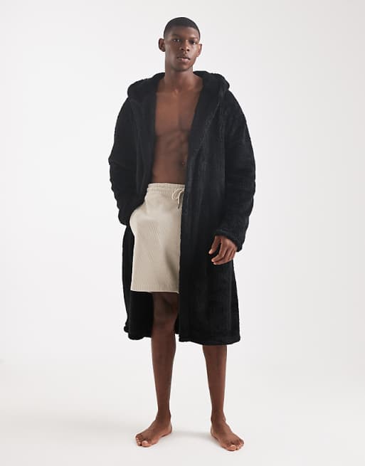 Loungeable Mens sherpa hooded robe in Black