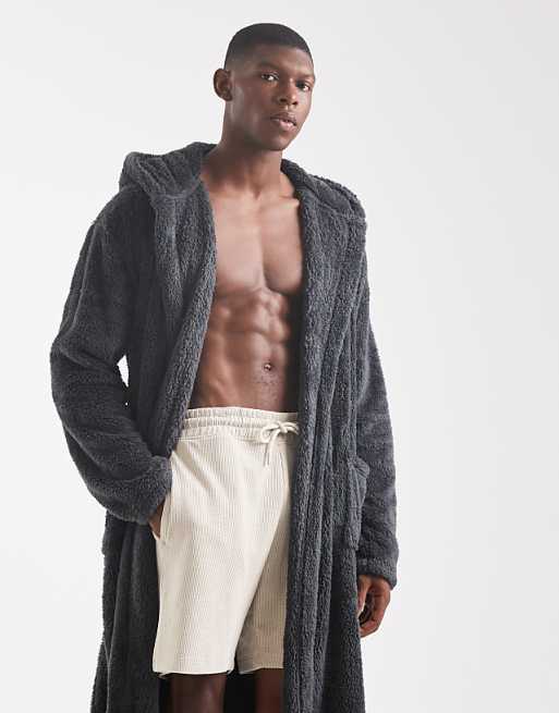 Loungeable Mens Sherpa Hooded Robe In Grey