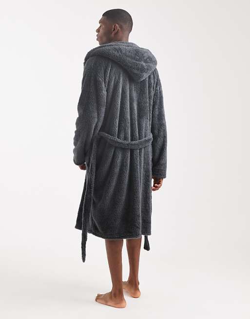 Loungeable Mens Sherpa Hooded Robe In Grey