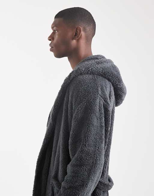Loungeable Mens Sherpa Hooded Robe In Grey