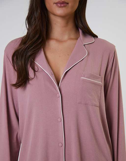Loungeable Rib Long Sleeve Traditional Shirt And Long Pant In Pink