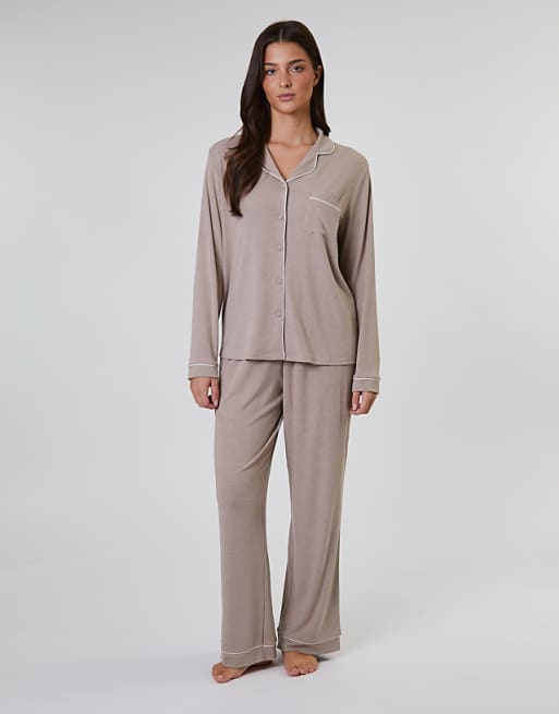Loungeable Rib Long Sleeve Traditional Shirt And Long Pant In Oatmeal