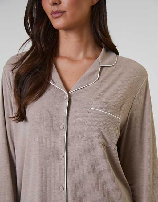Loungeable Rib Long Sleeve Traditional Shirt And Long Pant In Oatmeal