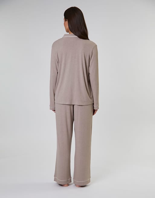 Loungeable Rib Long Sleeve Traditional Shirt And Long Pant In Oatmeal