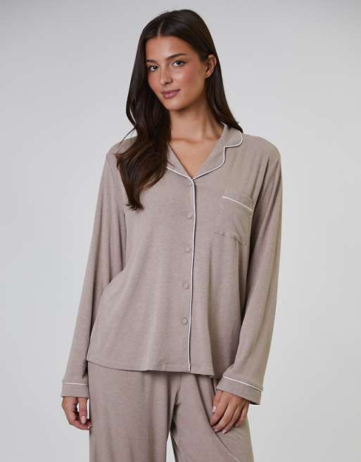 Loungeable rib long sleeve traditional shirt and long pant in oatmeal
