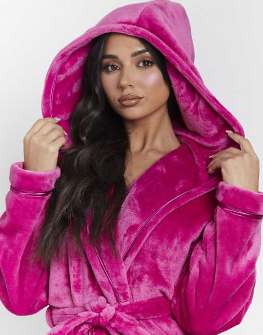 Loungeable Ribbon Trim Luxury Fleece Hooded Maxi Dressing Gown In Pink
