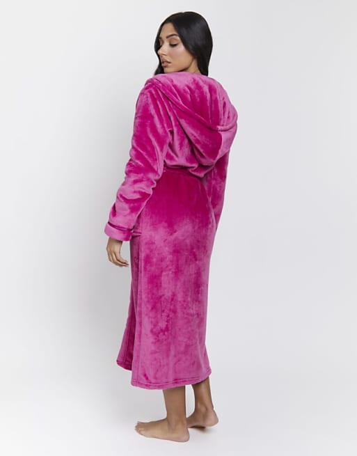 Loungeable Ribbon Trim Luxury Fleece Hooded Maxi Dressing Gown In Pink