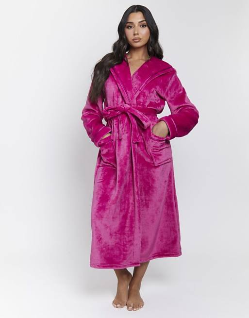 Loungeable Ribbon trim luxury fleece hooded maxi dressing gown in pink