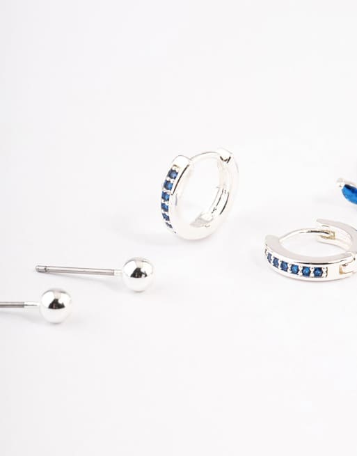 Lovisa Silver Plated Brass Cubic Zirconia Marquise Stud & Huggie Earrings Pack In Multicolor