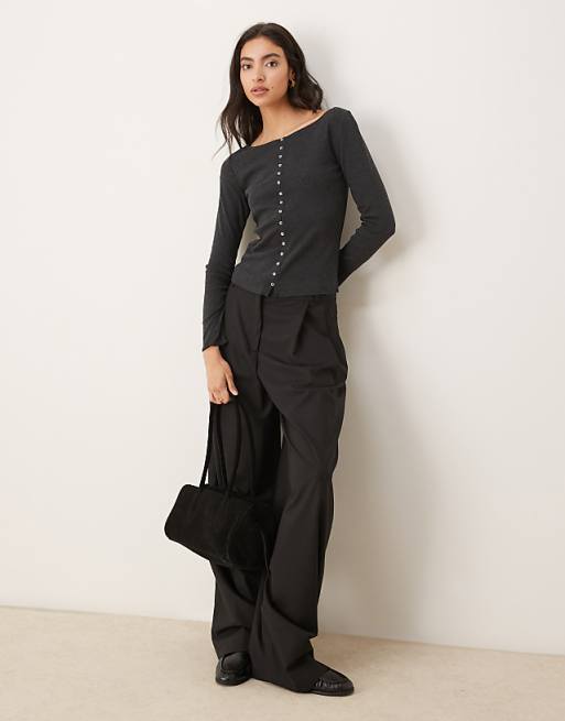 Mango Cotton Mix Round Neck Cardigan In Charcoal