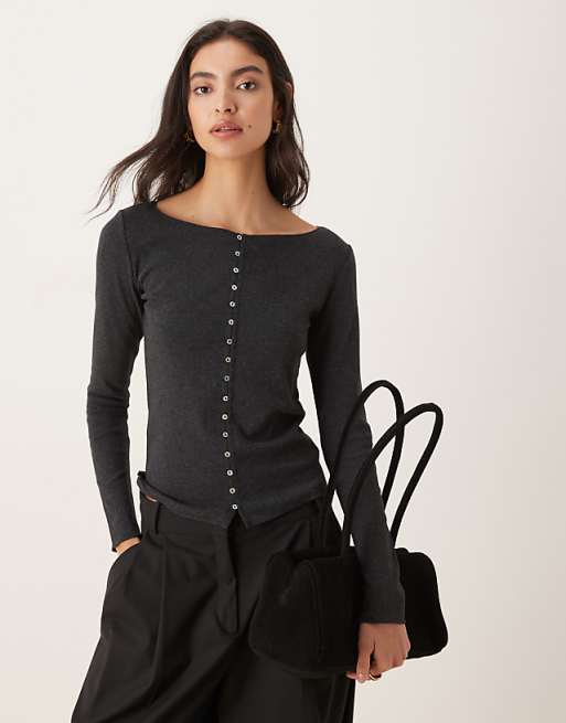 Mango cotton mix round neck cardigan in charcoal