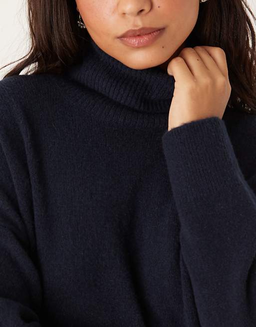 Mango Knitted Soft Touch Roll Neck Dress In Navy