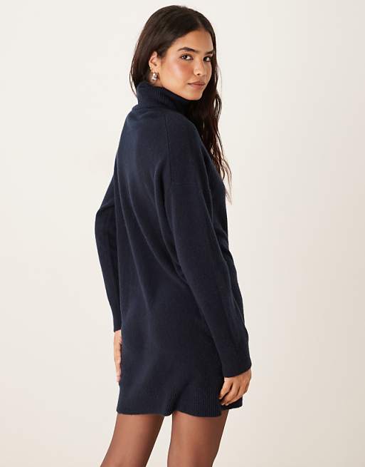 Mango Knitted Soft Touch Roll Neck Dress In Navy