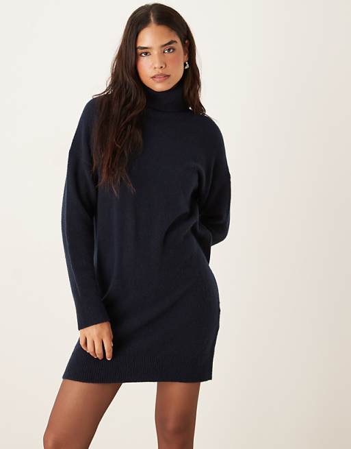 Mango knitted soft touch roll neck dress in navy