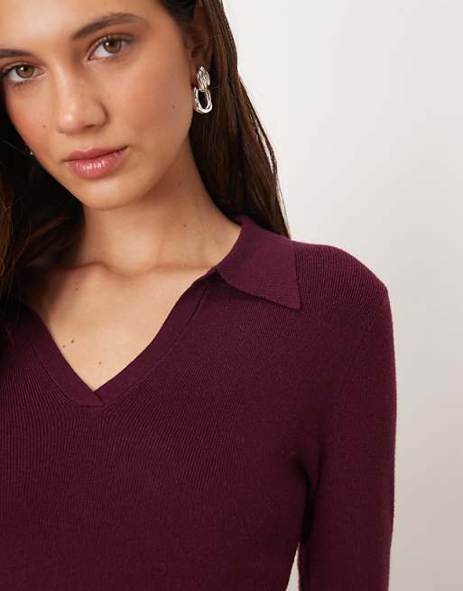 Mango Long Sleeve Knitted Polo Top In Burgundy