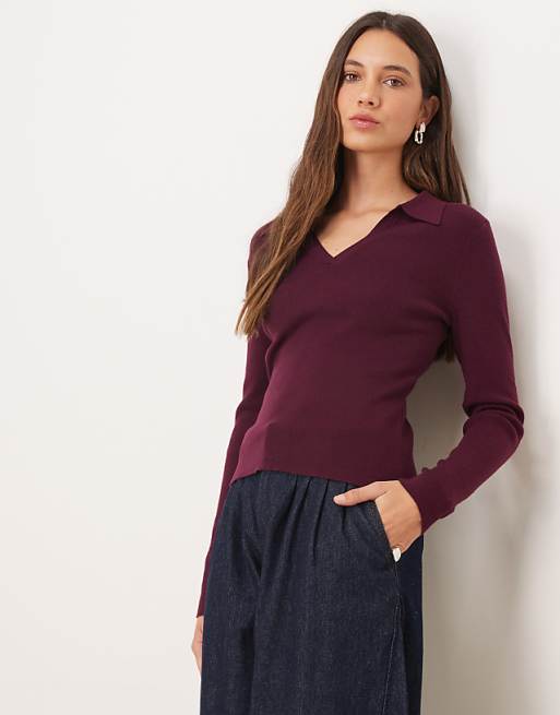 Mango long sleeve knitted polo top in burgundy
