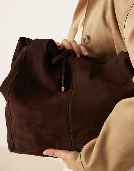 Mango Suede Tote Bag In Dark Brown