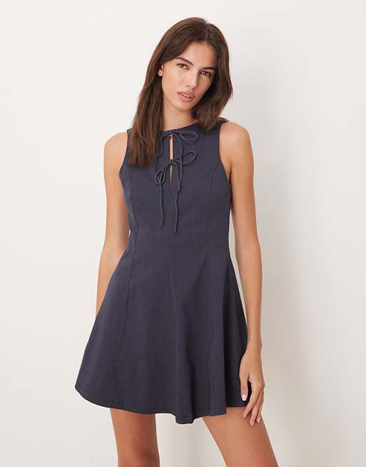 Mango tie detail fit and flare mini shift dress in blue